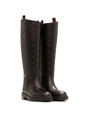 GUCCI Équestrian Noir Knee Boots Monogram Embossed Leather Size 8.5 NIB 806391